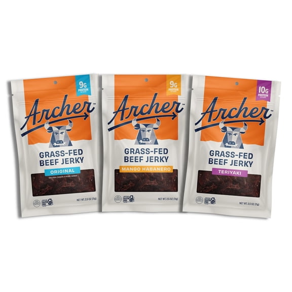 Archer Jerky Grass-Fed Beef Jerky Variety Sampler - Beef Snack Packs, Flavor Assortment, Snack Sampler with Original, Mango Habanero, & Teriyaki - 2.5 oz (Pack of 3)