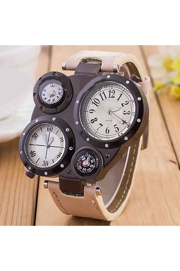 Men Chic Dual Movement Quartz Waterproof Outdoor Thermometer Compass Wrist Watch