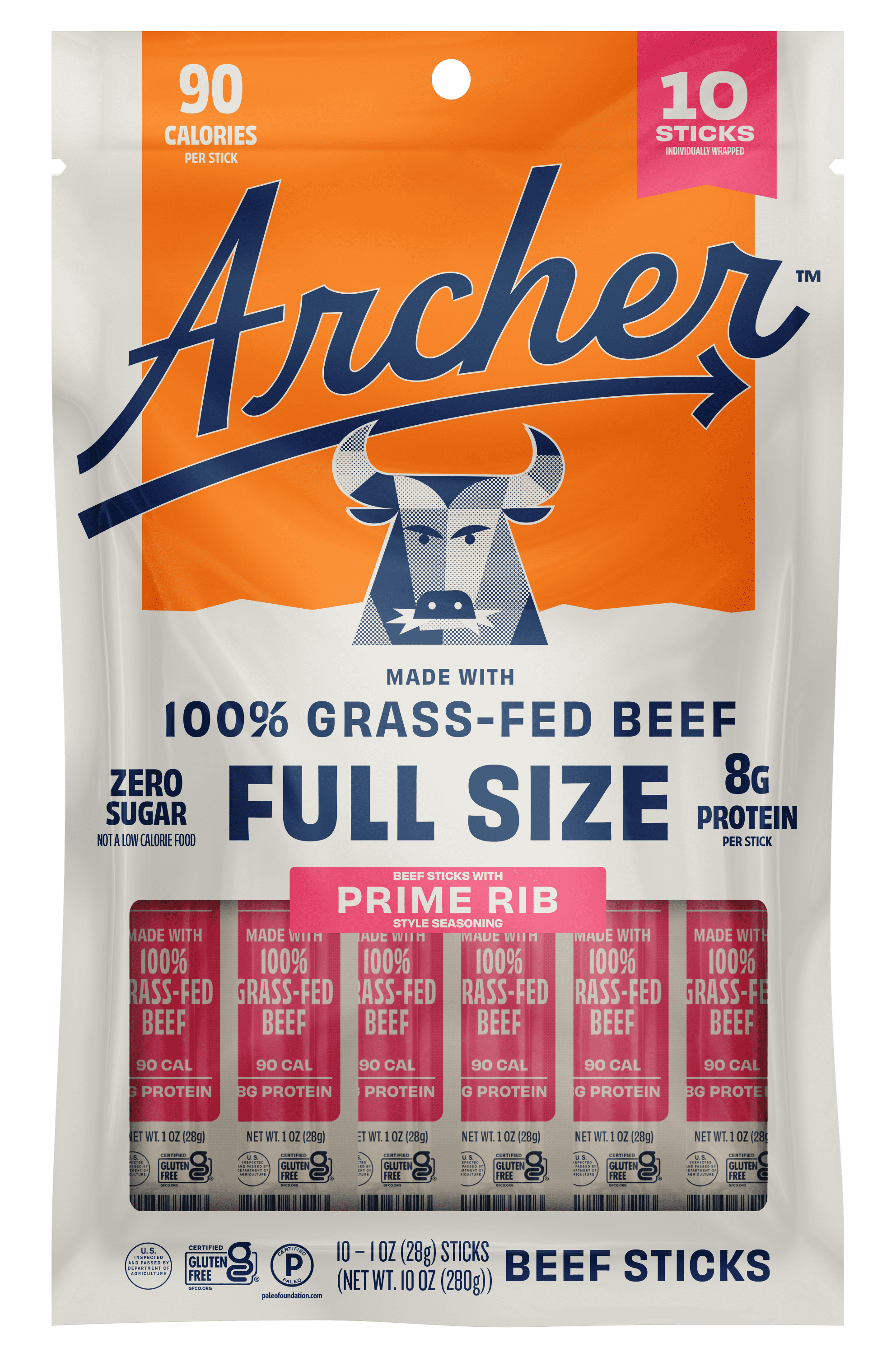 Country Archer Provisions Mild Prime Rib Full Size Beef Sticks 10 - 1 oz Sticks