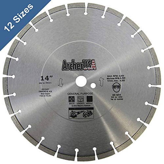 Archer Pro 14" in. General Purpose Diamond Saw Blades for Fast Cutting Concrete, Stone, Masonry, Pavers, Bricks, Blocks