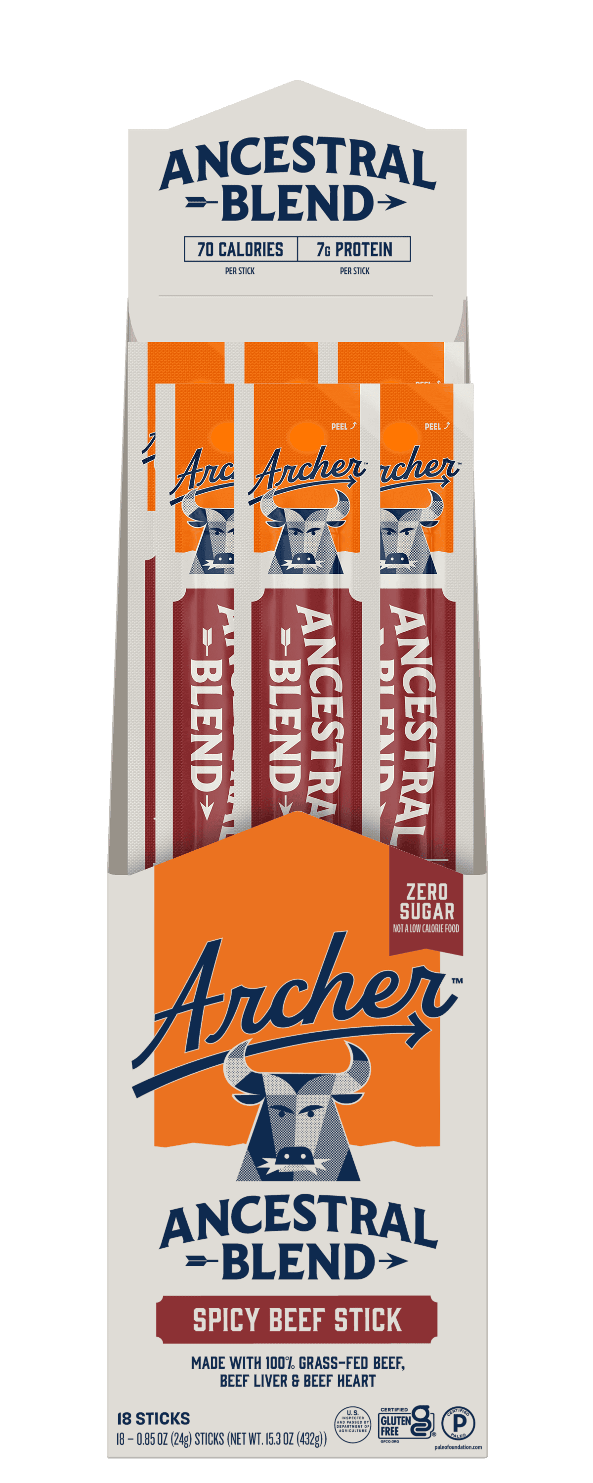 Archer Spicy Ancestral Blend Beef Sticks, 0.85 oz Each, 18-Count, Grass-Fed + Organ Meats, Gluten Free, Zero Sugar