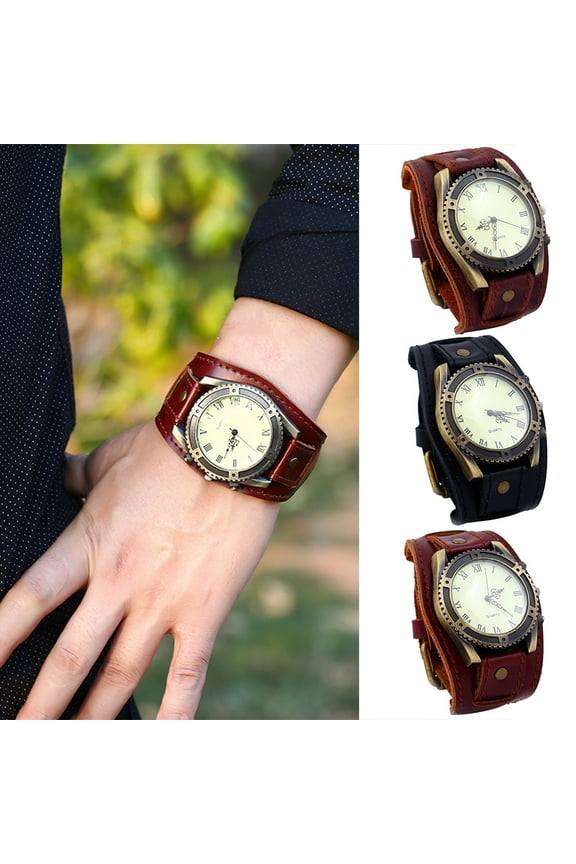 Vintage Roman Numerals Gear Faux Leather Band Men Wrist Bracelet Quartz Watch