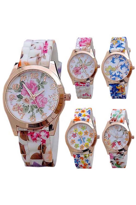 Women Flower Print Silicon Band Arabic Numerals Dial Quartz Wrist Watch