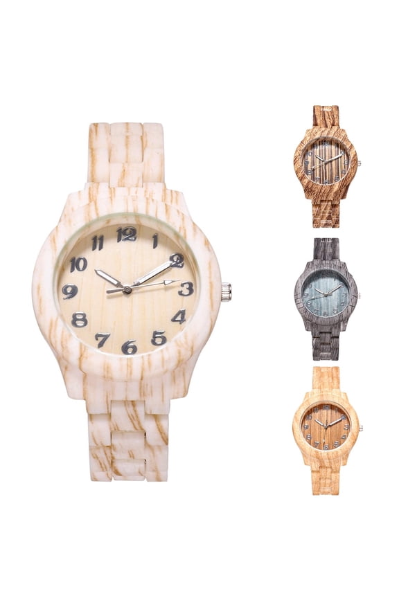 Women Wooden Grain Round Dial Arabic Number Resin Band Analog Quartz Wrist Watch
