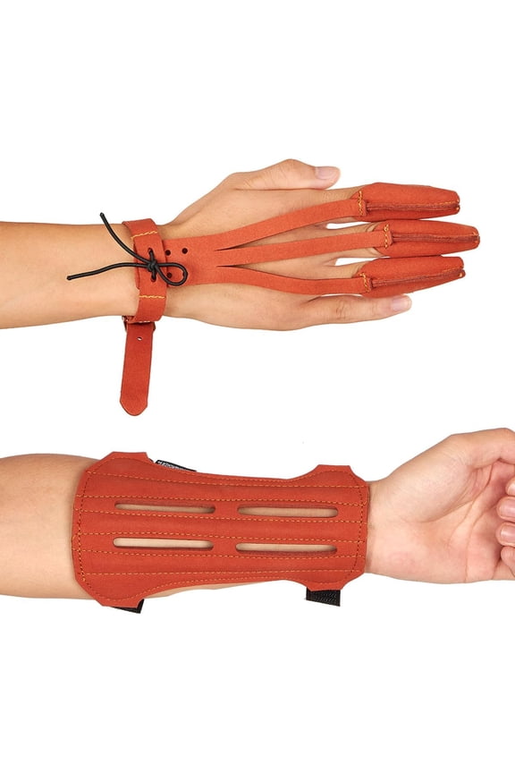 Archery 2 Straps Arm Guard & 3 Finger Protective Gloves for Recurve Compound Long Bow Hunting Shooting Brown