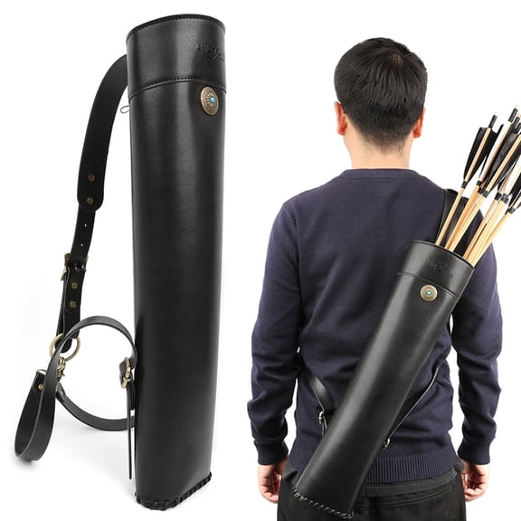 Archery Back Quiver Leather Shoulder Quiver for Recurve Compound Bow Hunting Target Shooting 52.9x12.8x9.6cm