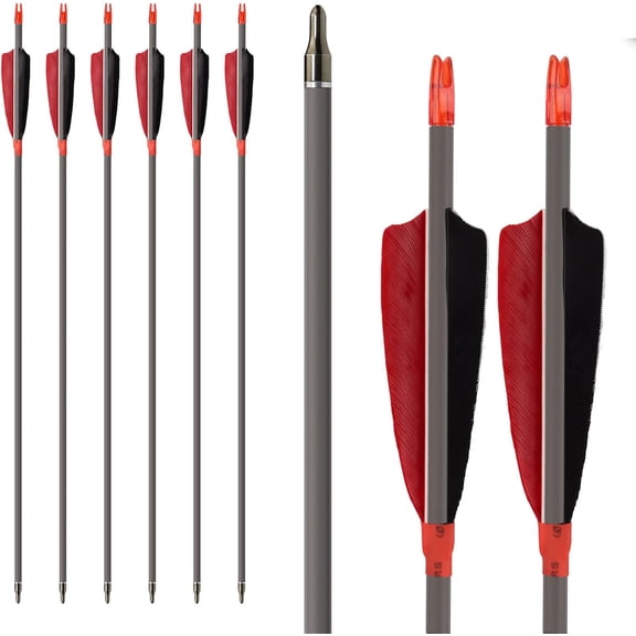 Archery Carbon Arrows, High Percentage Carbon Arrow Spine 400 with 4" Real Feathers 100 Grain Points for Hunting/Targeting Compound/Recurve/Long Bow 6Pack