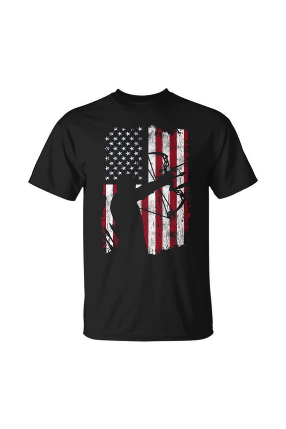 Archery Distressed American Flag Compound Bow Graphic Cotton Tee Unisex Adult Casual Patriotic Hunter Comfortable T-Shirt for Everyday Wear, Size M, Color Black
