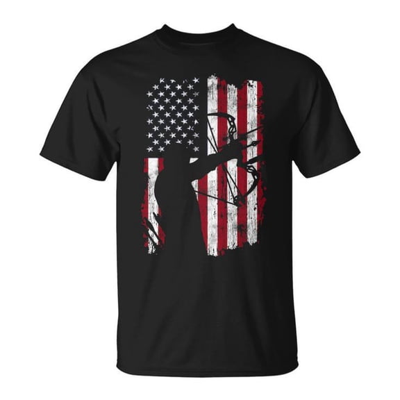 Archery Distressed American Flag Compound Bow Graphic Cotton Tee Unisex Adult Casual Patriotic Hunter Comfortable T-Shirt for Everyday Wear, Size S, Color Black