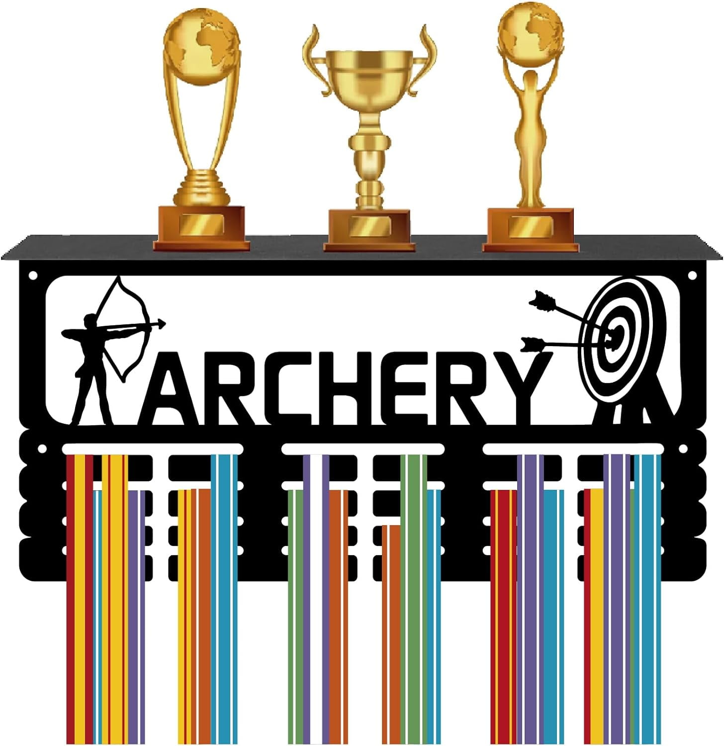 Archery Medal Holder Trophy Shelf Medal Hanger Display with Shelf Stand Sports 4 Rows Wall Mount Hold 70+ Medals for Men Gymnastics Soccer Running Swimming Awards Rack 15.7 x 7.9 InchBlack