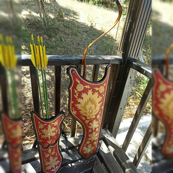 Archery Ottoman Quiver Bow case Set like Budepest museum with Traditional Motifs Ottoman Horseback Archery Leather Hip Quiver Tirkes