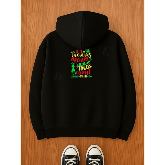 Archery & Tacos Hoodie: Unisex black game sweater hoodie made of breathable stretch fabric. Ideal for autumn/winter outdoor sports & casual wear. Classic style with interesting fun vibes.