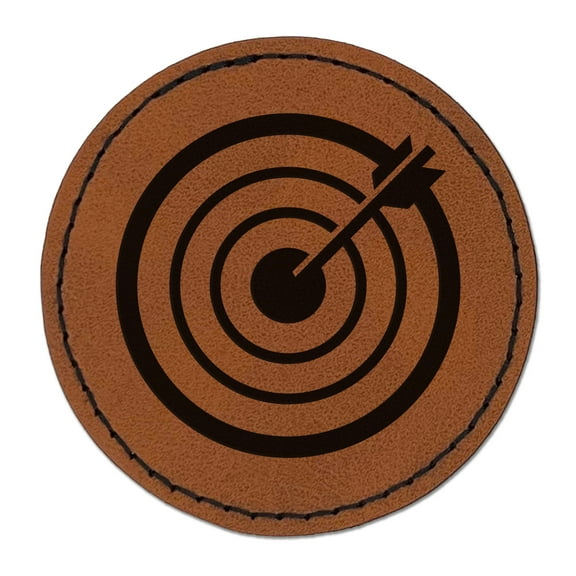 Archery Target Bullseye with Arrow 2.5" Faux Leather Round Engraved Iron-On Patch - Brown
