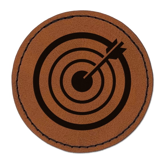 Archery Target Bullseye with Arrow 2.5" Faux Leather Round Engraved Iron-On Patch - Brown
