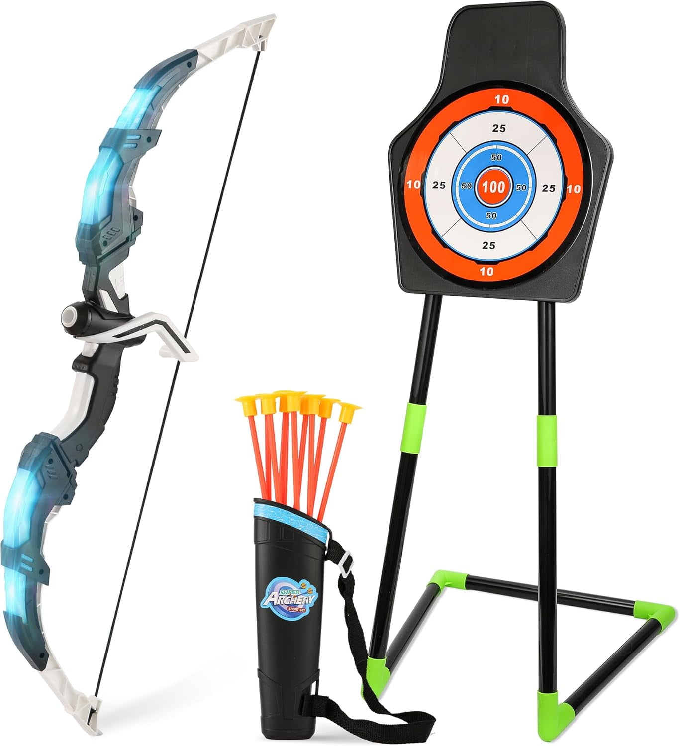 Archery Toy Set Boy Toys: Bow and Arrow Set with Standing Target & Quiver, LED Light Up Archery Set with 10 Suction Cup Arrows, Outdoor Activities Toys Essentials Birthday Gifts for Kids Aged 3-12