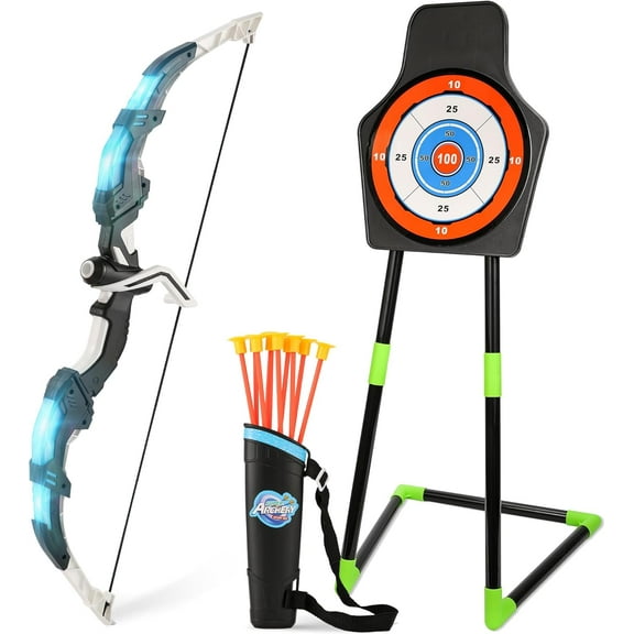 Archery Toy Set Boy Toys: Bow and Arrow Set with Standing Target & Quiver, LED Light Up Archery Set with 10 Suction Cup Arrows, Outdoor Activities Toys Essentials Birthday Gifts for Kids Aged 3-12