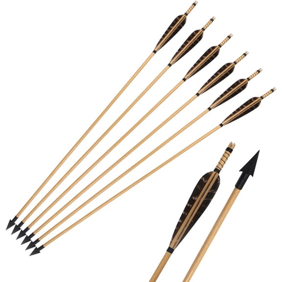Archery Wooden Arrows, 32 inch Traditional Hunting Practice Target Arrow 5 Inch Turkey Feathers Fletching Recurve Bow Longbow(Pack of 6)