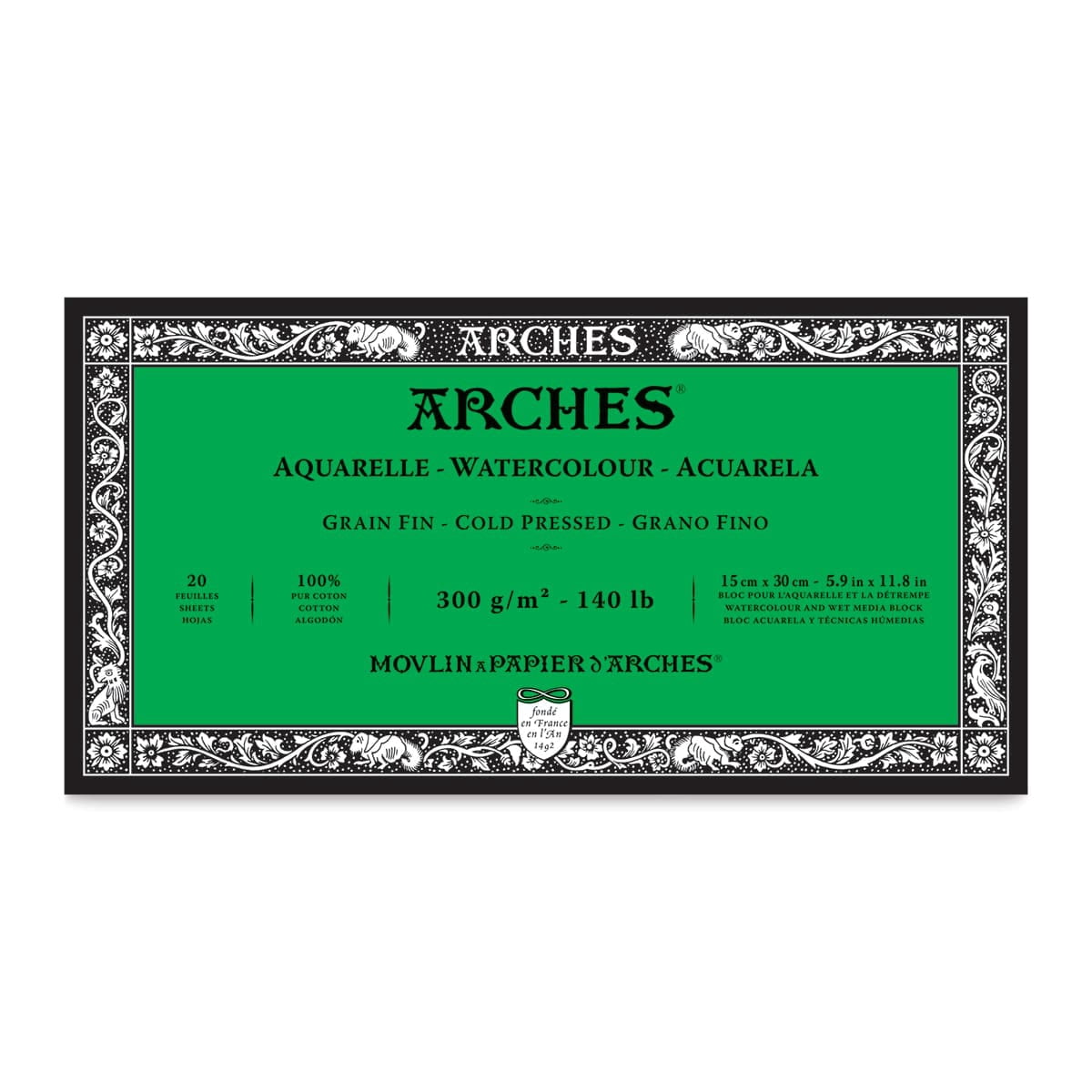 ARCHES® Aquarelle Watercolor Paper Block, Cold Press, Natural White, 140 lb (300 gsm), 20 Sheet, 5.9x11.8 in, 1 Count