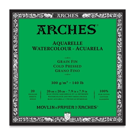 Arches Aquarelle Cold Pressed Watercolor Block 7.9"X7.9"- 140lb, 20 Sheets