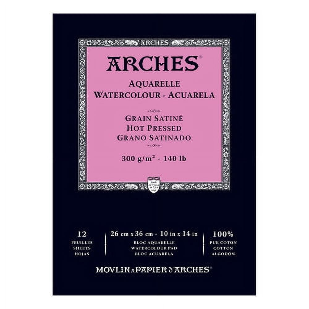 ARCHES® Aquarelle Watercolor Paper Pad, Hot Press, Natural White, 140 lb (300 gsm), Glue Binding, 12 Sheet, 10x14 in, 1 Count