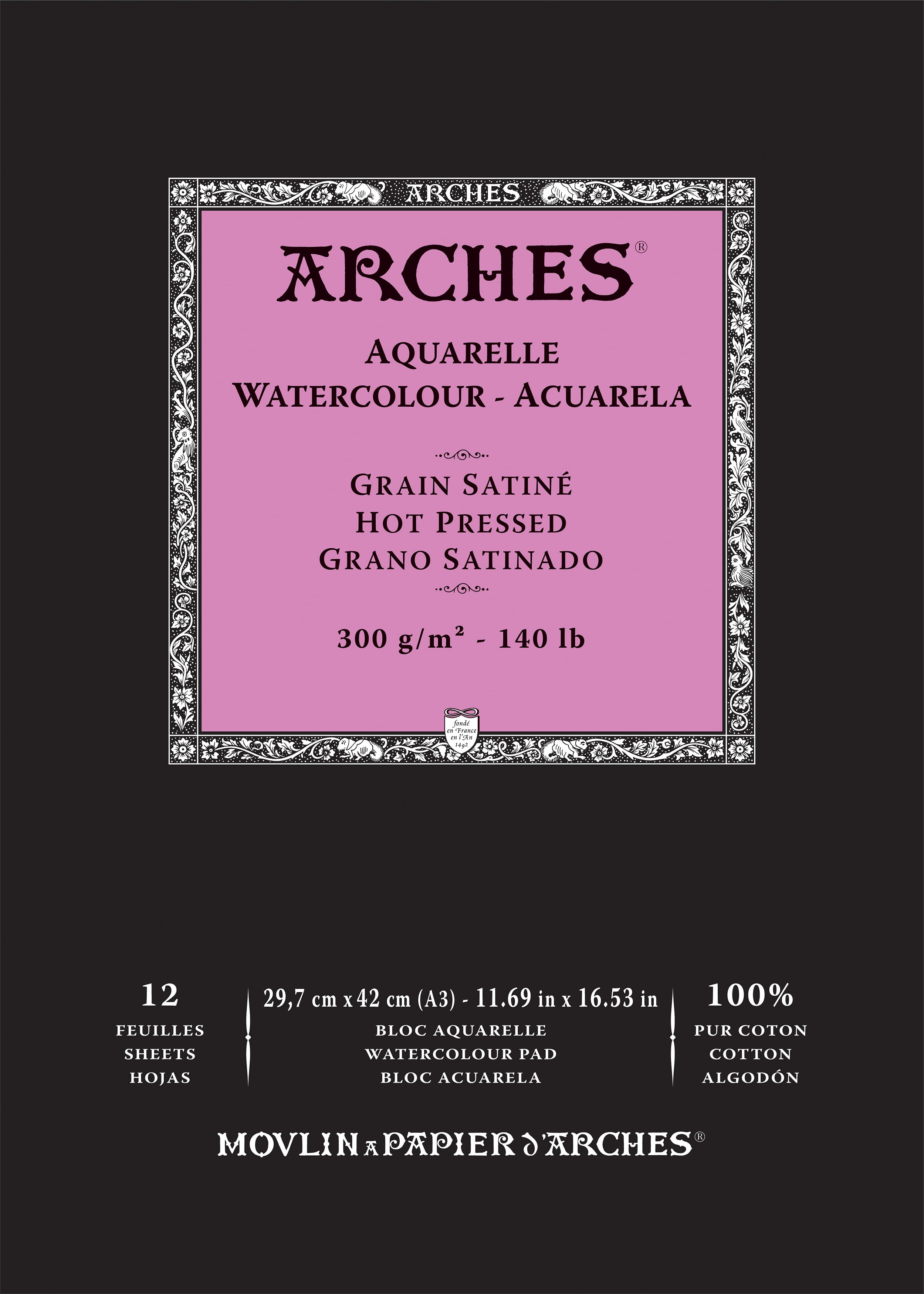 ARCHES® Aquarelle Watercolor Paper Pad, Hot Press, Natural White, 140 lb (300 gsm), Glue Binding, 12 Sheet, 11.69x16.53 in, 1 Count