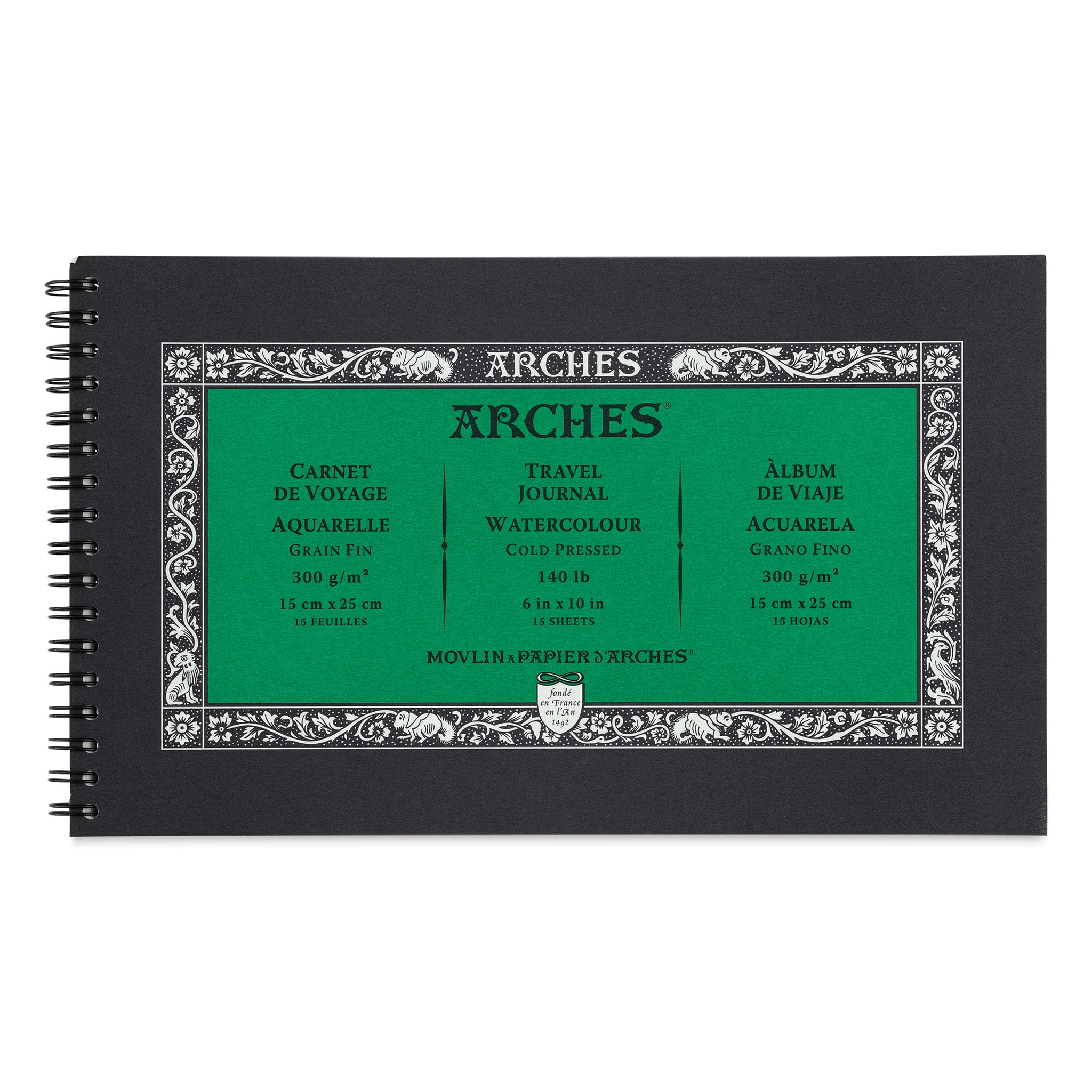 ARCHES® Aquarelle Watercolor Paper Art Journal, Cold Press, Natural White, 140 lb (300 gsm), Side Wire Binding, 15 Sheet, 10x6 in, 1 Count
