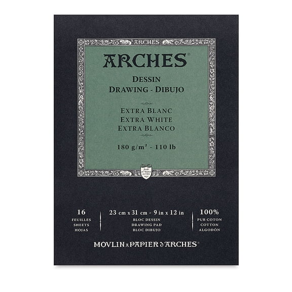 Arches Drawing Paper Block - 9" x 12", Extra White, 16 Sheets