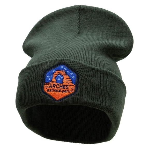 Arches Embroidered 12 Inch Long Knitted Beanie - Olive OSFM