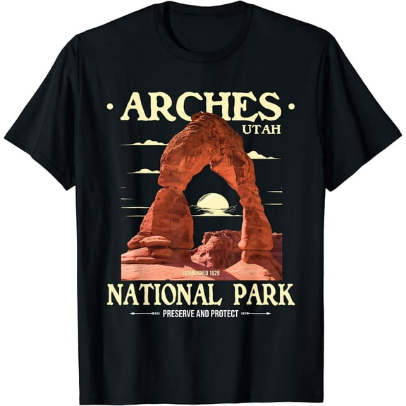 Arches National Park Graphic Retro Hiking & Camping Short Sleeve T-Shirt Black Casual Tee