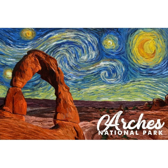 Arches National Park, Starry Night Series, Delicate Arch (24x36 Giclee Gallery Art Print, Vivid Textured Wall Decor)
