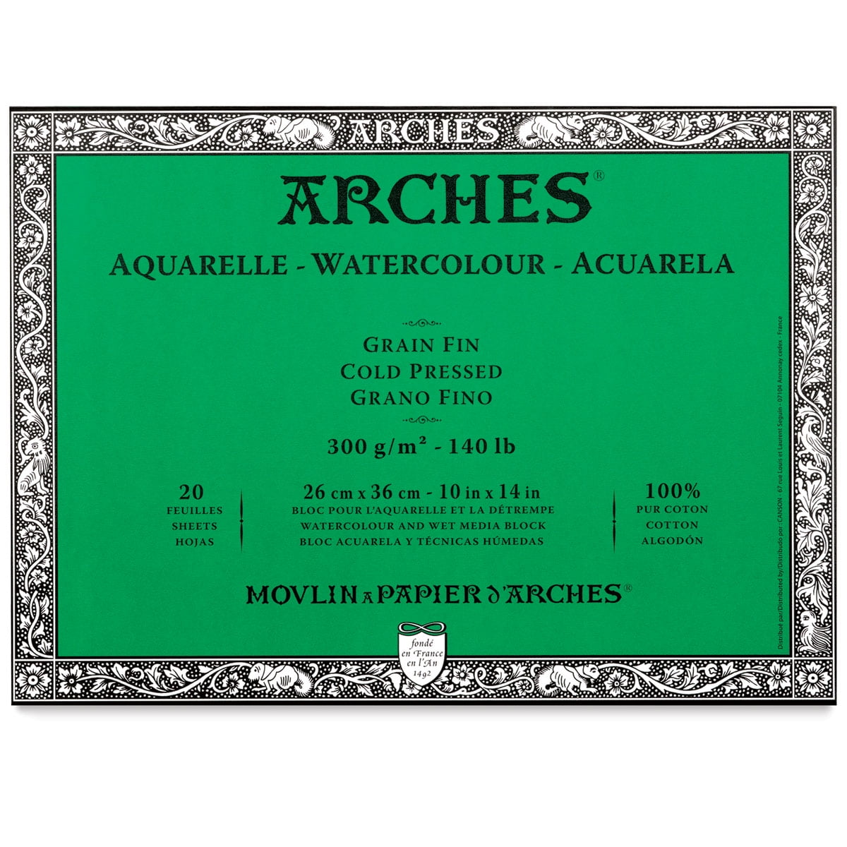 ARCHES® Aquarelle Watercolor Paper Block, Heavyweight, Cold Press, Natural White, 300 lb (640 gsm), 10 Sheet, 10x14 in, 1 Count