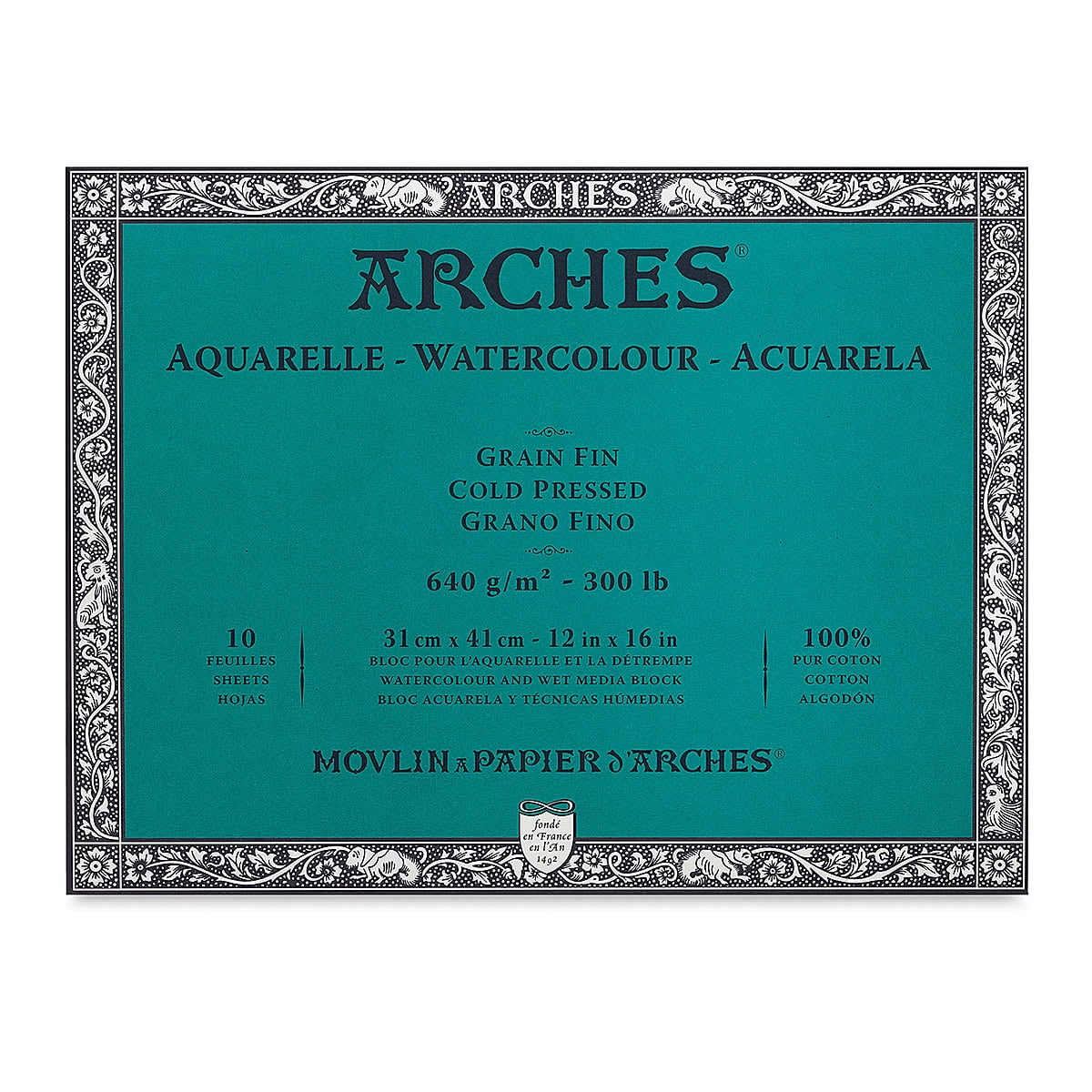 ARCHES® Aquarelle Watercolor Paper Block, Heavyweight, Cold Press, Natural White, 300 lb (640 gsm), 10 Sheet, 12x16 in, 1 Count