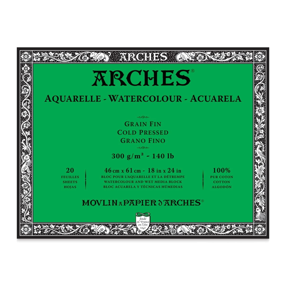 ARCHES® Aquarelle Watercolor Paper Block, Cold Press, Natural White, 140 lb (300 gsm), 20 Sheet, 18x24 in, 1 Count