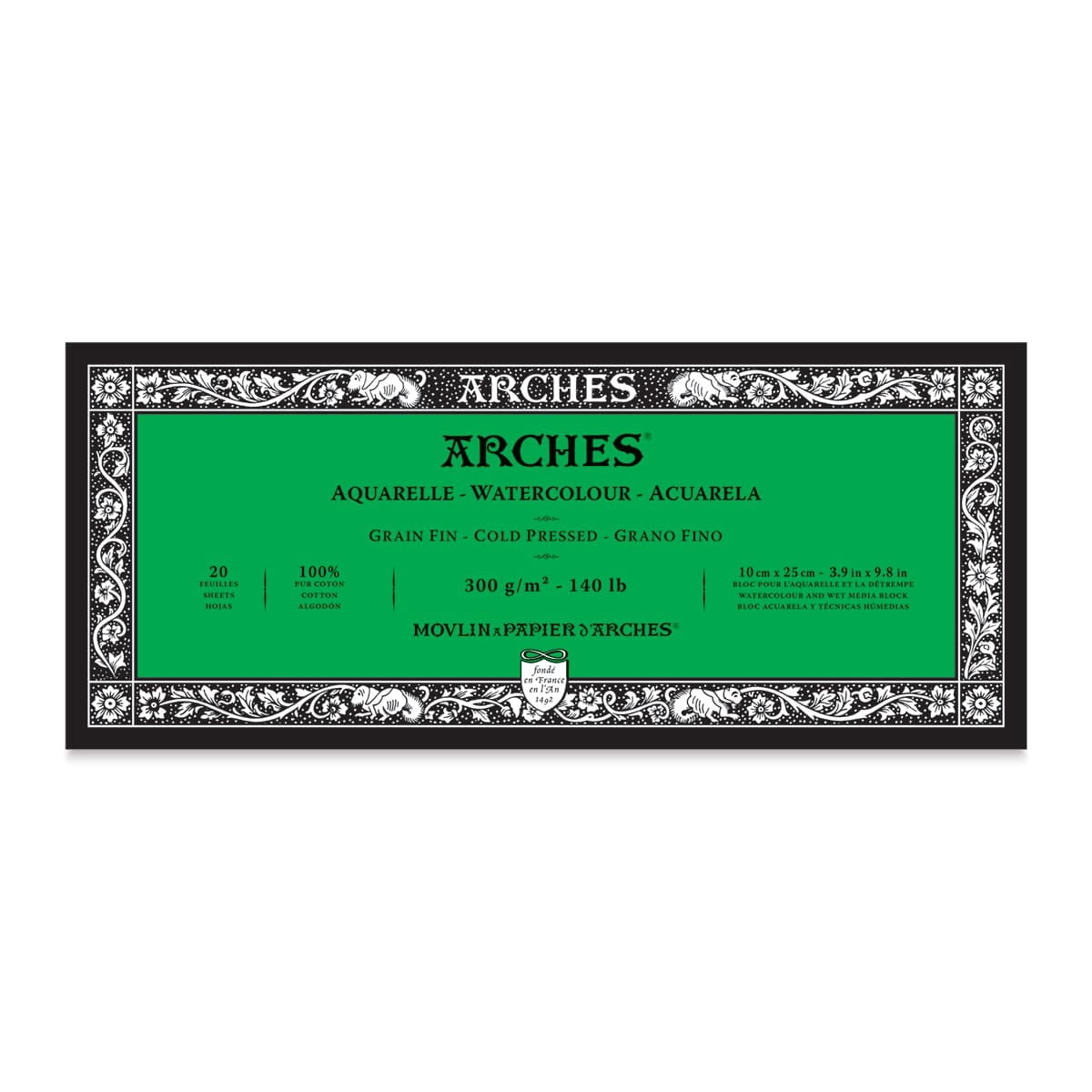 ARCHES® Aquarelle Watercolor Paper Block, Cold Press, Natural White, 140 lb (300 gsm), 20 Sheet, 3.9x9.8 in, 1 Count