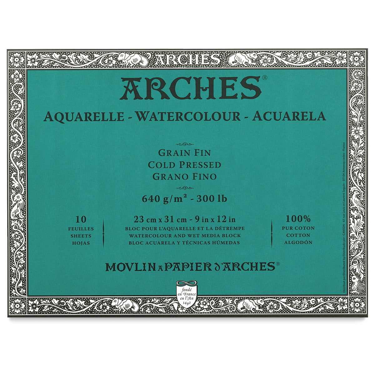 ARCHES® Aquarelle Watercolor Paper Block, Heavyweight, Cold Press, Natural White, 300 lb (640 gsm), 10 Sheet, 9x12 in, 1 Count