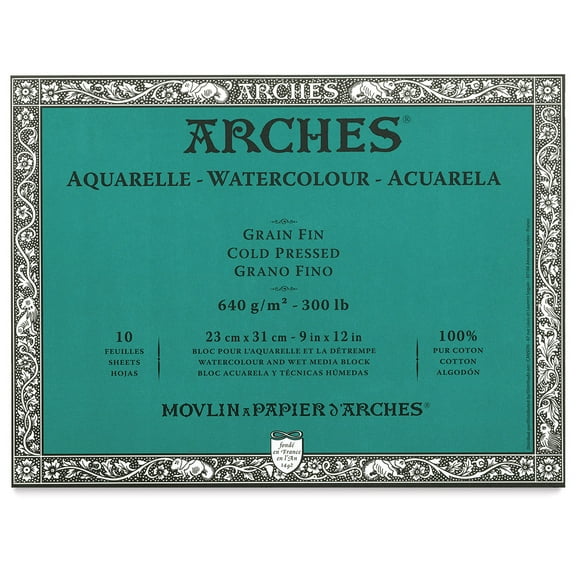 Arches Aquarelle Heavyweight Watercolor Block 9"X12"- 300lb, 10 Sheets