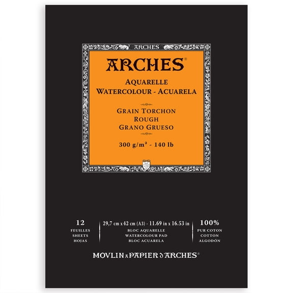 ARCHES Arches Aquarelle Watercolor Paper Pad, Rough, Natural White, 140lb/300gsm, Glue Binding, 12 Sheet, 11.69x16.53 inch, 1 Count