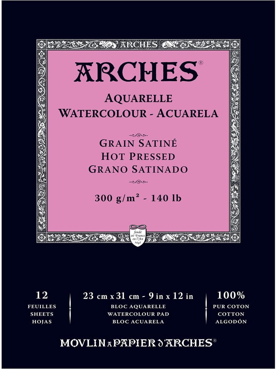 ARCHES® Aquarelle Watercolor Paper Pad, Hot Press, Natural White, 140 lb (300 gsm), Glue Binding, 12 Sheet, 9x12 in, 1 Count