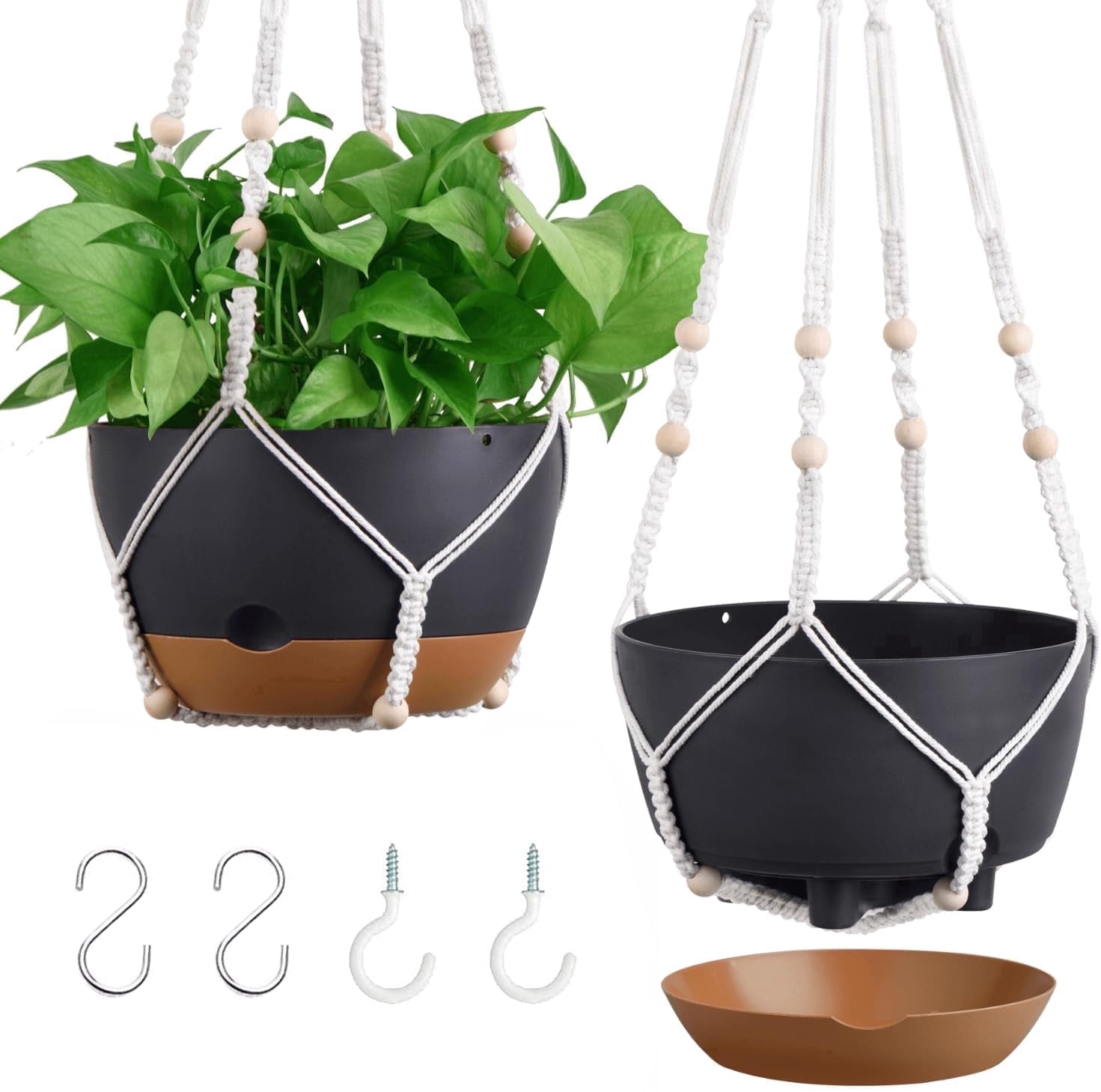 Diigabo 2-Pack 10-inch Self-Watering Hanging Planters with Macrame Hanger Indoor Plastic Plant Pots with Drainage Hole&Saucers Flower Baskets for Outdoor Garden Home Ceiling Decor(Black)