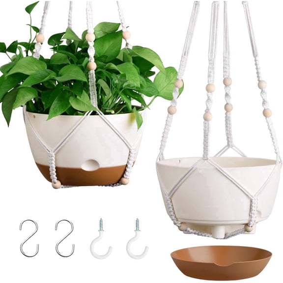 Diigabo 2-Pack 10-inch Self-Watering Hanging Planters with Macrame Hanger Indoor Plastic Plant Pots with Drainage Hole&Saucers Flower Baskets for Outdoor Garden Home Ceiling Decor(White)