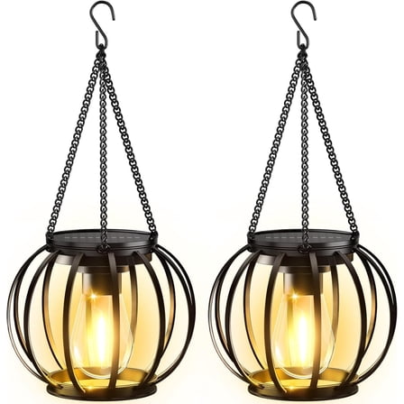 Diigabo 2-Pack Hanging Lanterns Ourdoor Metal Solar Powered Waterproof Lanterns with Hook for Patio Garden Yard Pathway Holiday Decor