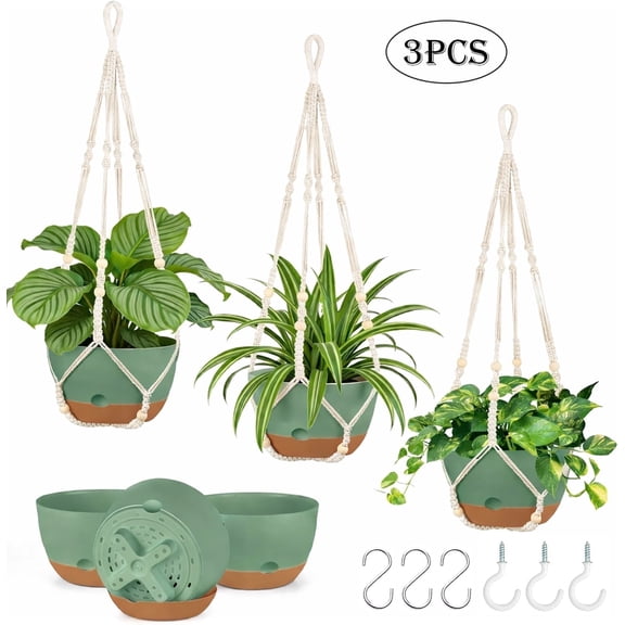 Diigabo 3-Pack 8-inch Self-Watering Hanging Planters with Macrame Hanger Indoor Plastic Plant Pots with Drainage Hole&Saucers Flower Baskets for Outdoor Garden Home Ceiling Decor(Green)