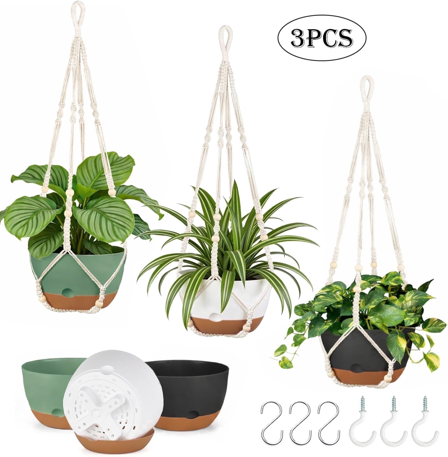 Diigabo 3-Pack 8-inch Self-Watering Hanging Planters with Macrame Hanger Indoor Plastic Plant Pots with Drainage Hole&Saucers Flower Baskets for Outdoor Garden Home Ceiling Decor(Multi-color)