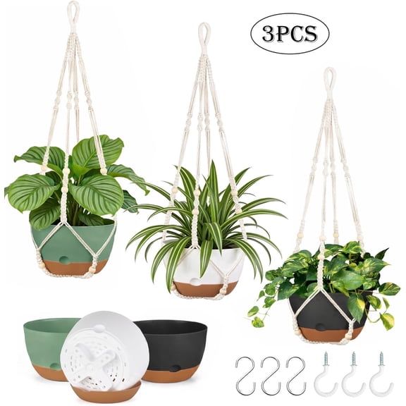 Diigabo 3-Pack 8-inch Self-Watering Hanging Planters with Macrame Hanger Indoor Plastic Plant Pots with Drainage Hole&Saucers Flower Baskets for Outdoor Garden Home Ceiling Decor(Multi-color)