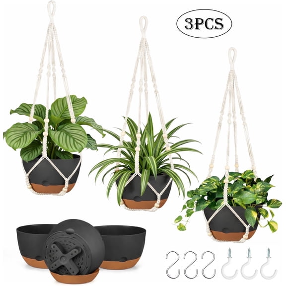 Diigabo 3-Pack 8-inch Self-Watering Hanging Planters with Macrame Hanger Indoor Plastic Plant Pots with Drainage Hole&Saucers Flower Baskets for Outdoor Garden Home Ceiling Decor(Black)