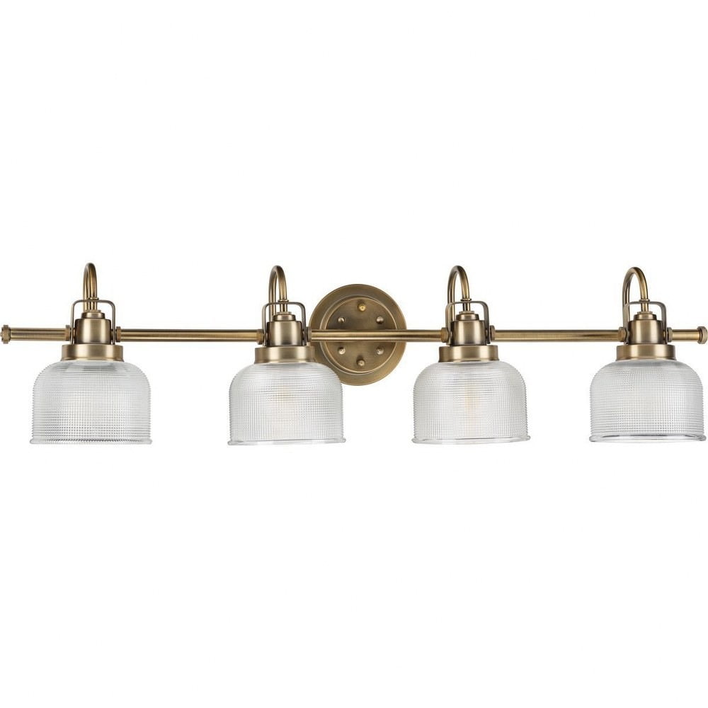 Vintage Brass Four-Light Bathroom Vanity Fixture with Prismatic Glass Shades