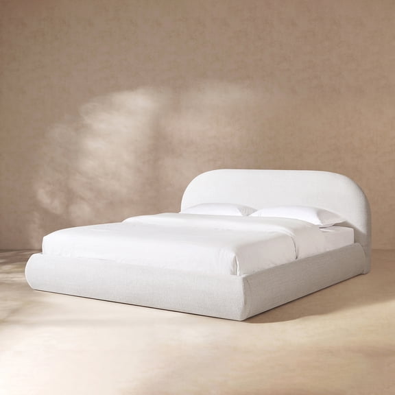 Archie Puffy Grounded Upholstered Platform Bed, King, Stone Light Beige Chenille