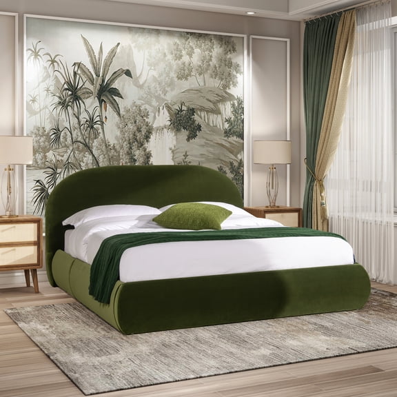 Archie Puffy Grounded Upholstered Platform Bed, Olive Green Performance Velvet