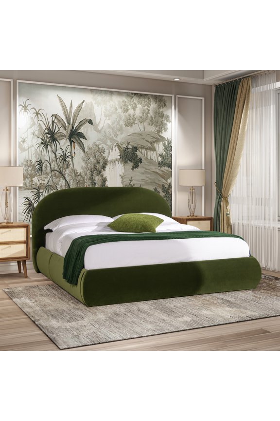Archie Puffy Grounded Upholstered Platform Bed, Olive Green Performance Velvet