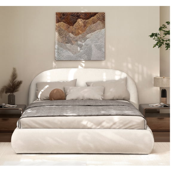 Archie Puffy Grounded Upholstered Platform Bed, Queen, Almond White